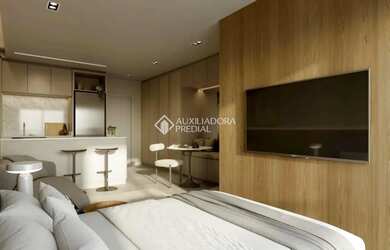 Imagem: O apartamento possui 1 Dormitório, 1 Banheiro, 1 Vaga na garagem