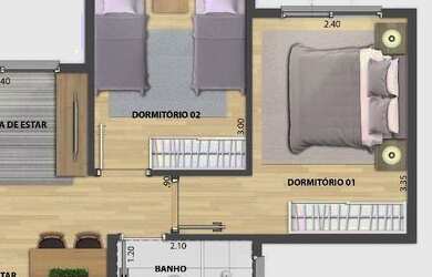 Imagem: O apartamento possui 2 Dormitórios, 1 Banheiro, 1 Vaga na garagem