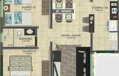 Imagem: O apartamento possui 2 Dormitórios, 1 Banheiro e 1 Vaga na