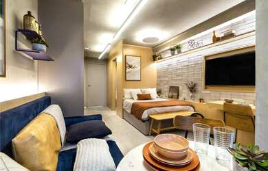 Imagem: O studio possui 1 Dormitório, 1 Suíte, 2 Banheiros, 33m²