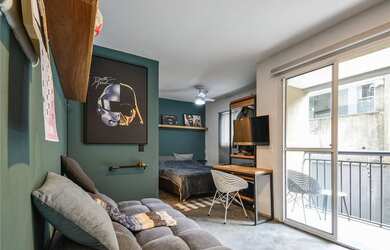 Imagem: O studio possui 1 Dormitório, 1 Suíte, 2 Banheiros, 27m²