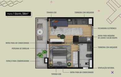 Imagem: O apartamento possui 1 Dormitório, 1 Suíte, 1 Banheiro, 31m²