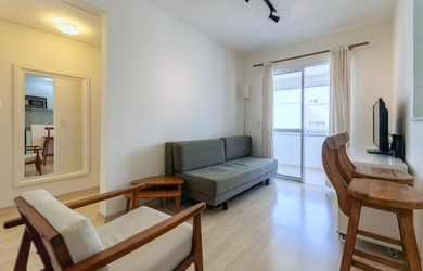 Imagem: O apartamento possui 1 Dormitório, 1 Suíte, 2 Banheiros, 1