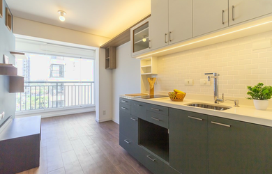 Imagem: O apartamento possui 1 Dormitório, 1 Banheiro, 1 Vaga na garagem