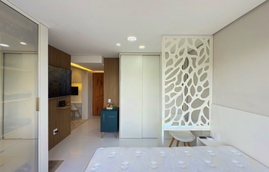 Imagem: O apartamento possui 1 Dormitório, 1 Banheiro, 1 Vaga na garagem