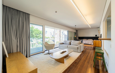 Imagem: O apartamento possui 1 Dormitório, 1 Suíte, 2 Banheiros, 2