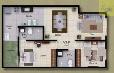 Imagem: O apartamento possui 2 Dormitórios, 1 Suíte, 1 Banheiro, 1